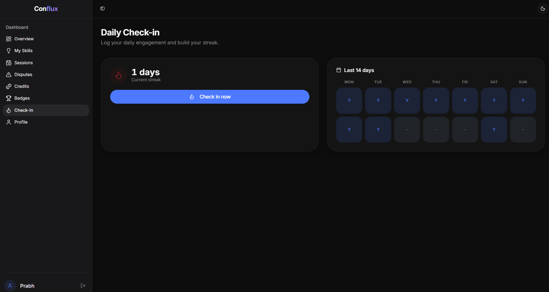 Conflux daily check-in page with 14-day streak grid