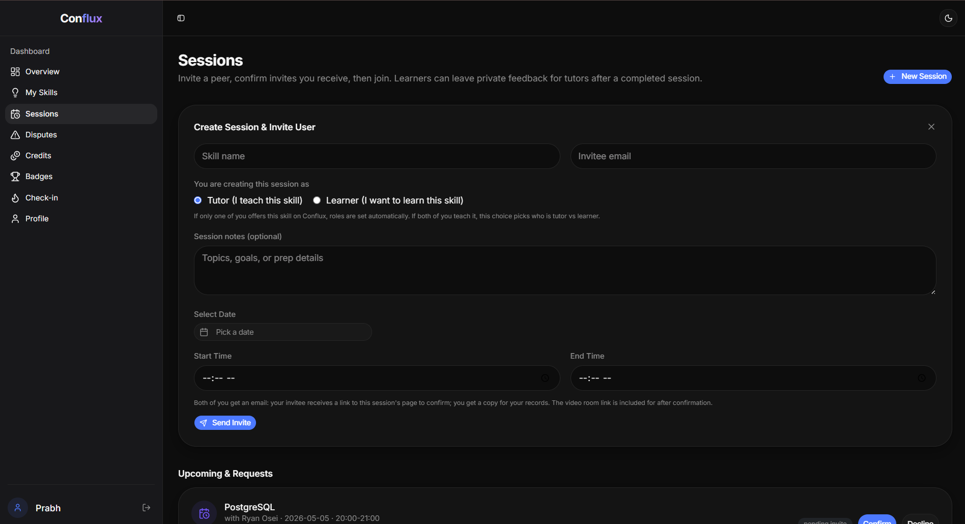 Conflux sessions page with create session form