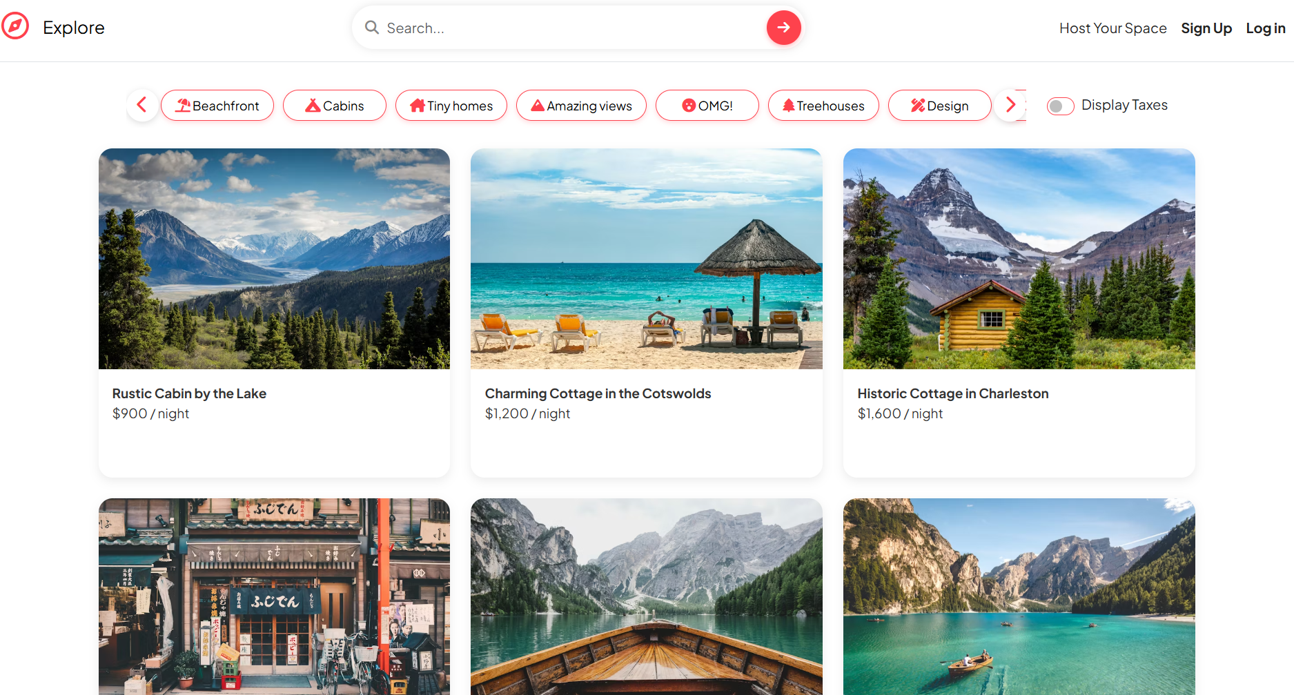Nomadr explore page with category filters and listing grid