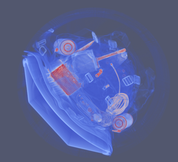 Volumetric rendering of a scanned bag - top-down view highlighting dense objects in red