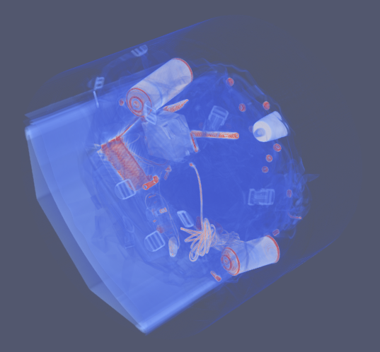 Volumetric rendering of a scanned bag - side angle showing internal structure