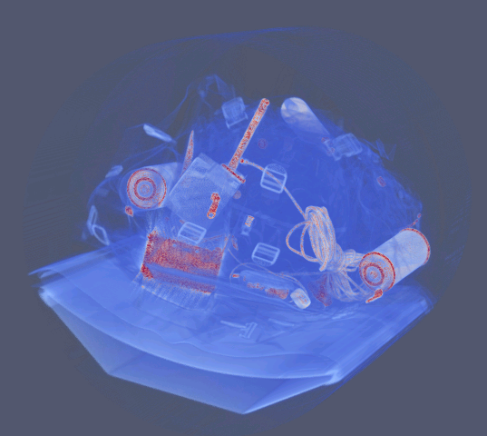 Volumetric rendering of a scanned bag - oblique view with transfer function emphasizing edges