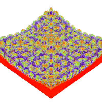 Volumetric rendering with rainbow transfer function over a red base plane