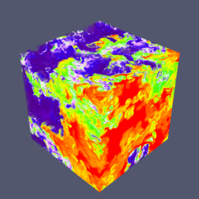 Volumetric cube render showing internal flow structures in red, green, and purple